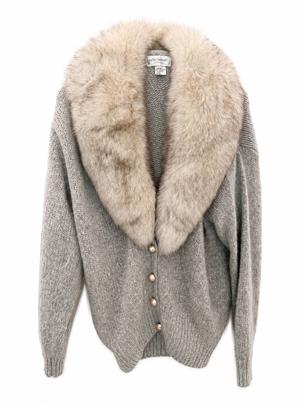 Vintage-tony lambert Collections  Gray Knit Sweater with Beige Fur Collar